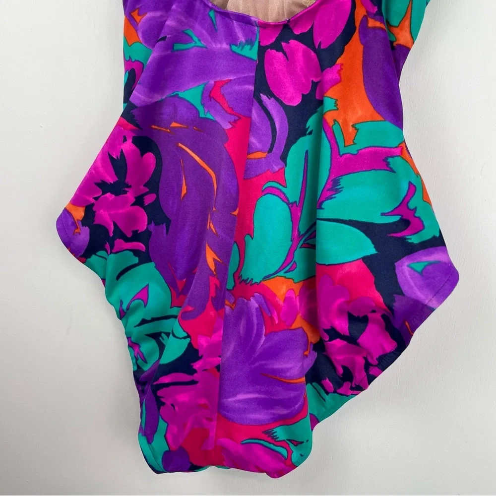 Vtg Y2K Abstract Swim One Piece Sz 16 High Cut Neon Floral Print Ruched